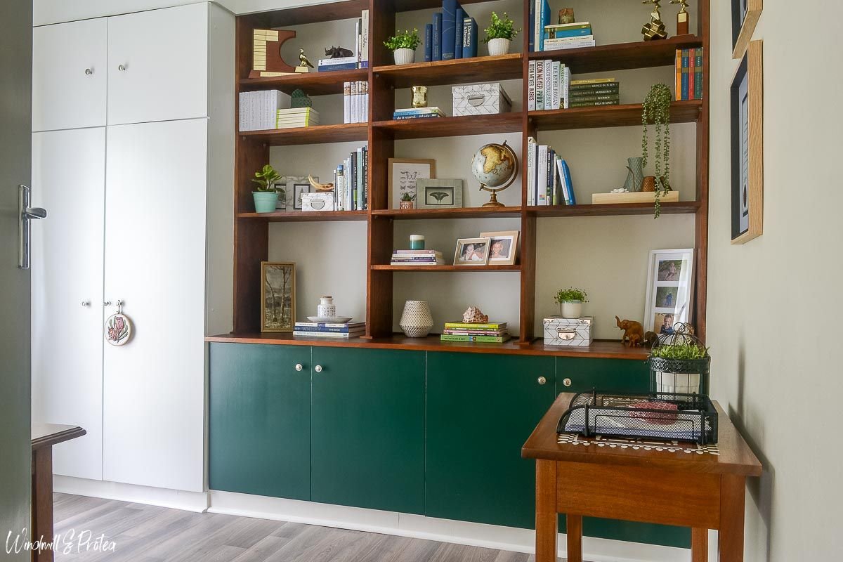green and wood built ins